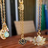 Stainless Steel gold plated lotus REBIRTH white rhinestone FLOWER Necklace