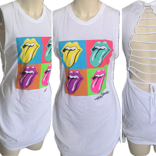 Start Me Up backless white Micro Mini cut up slit weave band t shirt dress