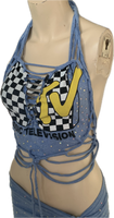 Reworked I want my Mtv cut up slit weave crystal rhinestone halter crop top cut up t shirt fringe micro mini skirt