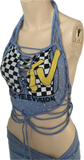 Reworked I want my Mtv cut up slit weave crystal rhinestone halter crop top cut up t shirt fringe micro mini skirt