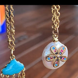 Stainless Steel gold toned cz flower coin Pearl Necklace