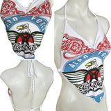 80s Festival Fashion Aerosmith Aero Force shredded cut up retro white handkerchief style halter crop top t shirt XXXS XXS XS S