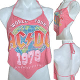 AC/DC ‘79 world tour highway to hell Festival Fashion shredded handkerchief style retro halter crop top salmon pink bikini concert t shirt
