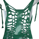 Bleached St Paddy’s day overly shredded slit weave cut up woven backless micro mini cami holiday drinking dress