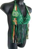 Lucky st Patrick’s day Ireland shamrock kiss me I’m Irish leprechaun costume green is the theme drinking party fringe halter bikini crop top graphic holiday t shirt XXXS XXS XS S