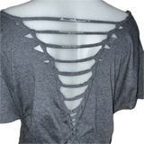 Satisfaction the Rolling Stones shredded backless slit weave v back cut up woven t shirt
