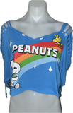 BFF classic Peanuts comic book snoopy and Woodstock Festival Fashion backless overly shredded retro slit weave t shirt crop top