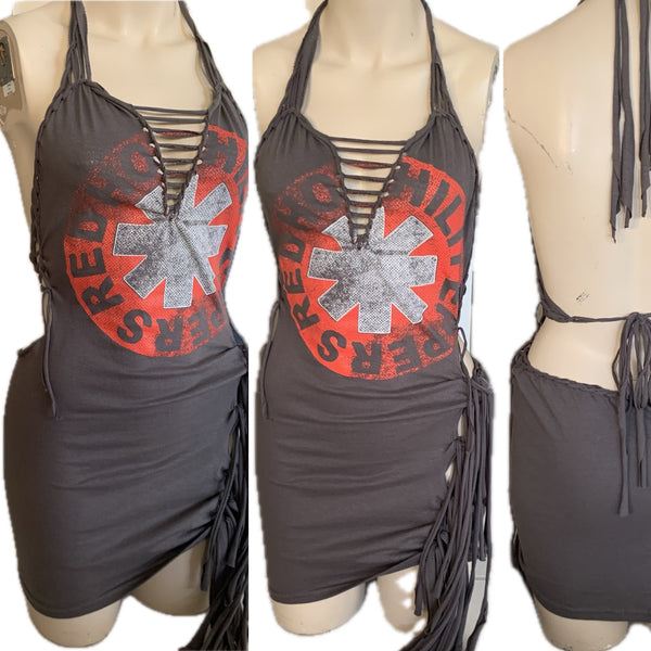 RHCP Fringe cut up slit weave backless Micro Mini tshirt dress