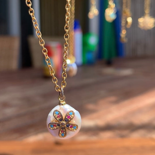 Stainless Steel gold toned cz flower coin Pearl Necklace