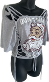 Don’t stop believing Santa clause Christmas Reworked overly shredded backless T Shirt crop top