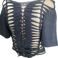 Satisfaction overly shredded backless slit weave shredded cut up t shirt