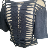 Satisfaction overly shredded backless slit weave shredded cut up t shirt