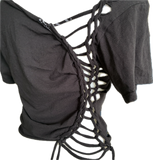 Shania Twain let’s go girls overly shredded backless slit weave asymmetrical cut up woven t shirt crop top