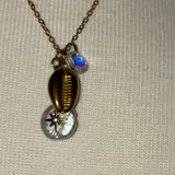 Gold adjustable stainless steel BEACH rhinestone coin pearl cowrie shell and crystal bedazzled starfish necklace