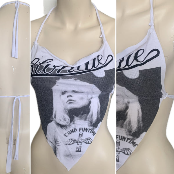 Call me Festival Fashion upcycled shredded handkerchief style retro halter top concert t shirt
