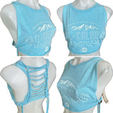 Vintage Vail Colorado cut woven finger crochet backless slitweave vacation souvenirs muscle t shirt crop tank top XXXS XXS XS S