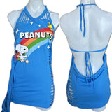 BFF vintage comic book Snoopy Woodstock Peanuts Festival Fashion overly shredded halter backless retro slit weave fringe micro mini t shirt dress