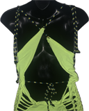Neon yellow backless shredded Micro Mini slit weave t shirt dress