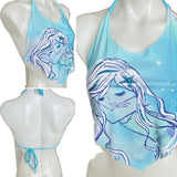 Blue mermaid mermaidcore shredded cut up t shirt handkerchief style retro halter crop top