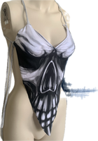 Black and white smoke skull backless spooky skeleton shredded handkerchief style halter top
