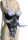 Black and white smoke skull backless spooky skeleton shredded handkerchief style halter top