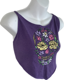 Purple sugar skull day of the dead shredded backless halter handkerchief style crop tank top cut up good sparkly graphic tshirt