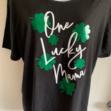 One lucky mama st Patrick’s day green glitter shamrock drinking party luck of the graphic holiday backless slit weave cut woven t shirt L XL