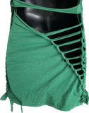 Green lucky shirt shamrock 4 leaf clover Paddy’s day overly shredded slit weave backless micro mini dress