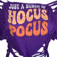 Bunch of Hocus Pocus Halloween witch inspired overly shredded slit weave backless t shirt