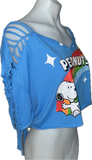 BFF classic Peanuts comic book snoopy and Woodstock Festival Fashion backless overly shredded retro slit weave t shirt crop top