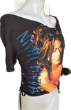 Shania Twain let’s go girls overly shredded backless slit weave asymmetrical cut up woven t shirt crop top