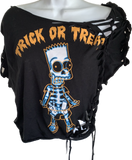 Halloween cartoon Bart Simpson  The Simpsons skeleton halloween costume overly shredded slit weave cut up woven backless asymmetrical t shirt
