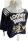 Festival Fashion Looney Tunes shredded backless retro slit weave t shirt