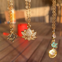 Stainless Steel gold plated lotus REBIRTH white rhinestone FLOWER Necklace