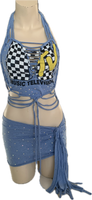 Reworked I want my Mtv cut up slit weave crystal rhinestone halter crop top cut up t shirt fringe micro mini skirt