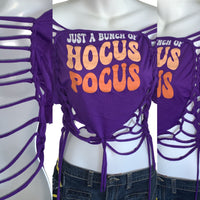 Bunch of Hocus Pocus Halloween witch inspired overly shredded slit weave backless t shirt