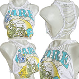 Retro Care Bears funshine bear grumpy bear cut woven finger crochet backless slitweave muscle t shirt crop tank top