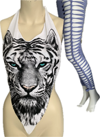 Icy blue eyed backless white tiger shredded handkerchief style retro halter top