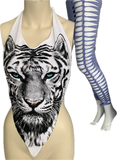 Icy blue eyed backless white tiger shredded handkerchief style retro halter top