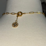 Gold plated brass chunky purple marbled stone DIVINELY GUIDED paperclip rhinestone compass necklace