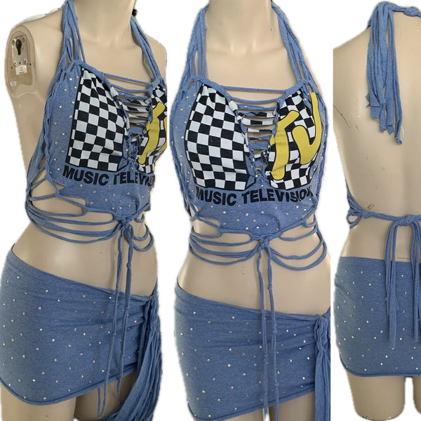 Reworked I want my Mtv cut up slit weave crystal rhinestone halter crop top cut up t shirt fringe micro mini skirt