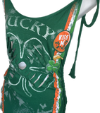 Bleached St Paddy’s day overly shredded slit weave cut up woven backless micro mini cami holiday drinking dress