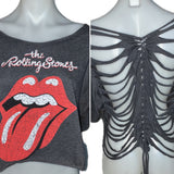 Satisfaction the Rolling Stones shredded backless slit weave cut up woven t shirt crop top
