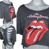 Satisfaction the Rolling Stones shredded backless slit weave cut up woven t shirt crop top