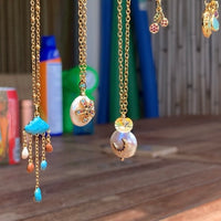 Stainless Steel gold toned natural gemstone raining cloud DREAMS quarter moon Necklace