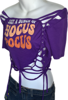 Bunch of Hocus Pocus Halloween witch inspired overly shredded slit weave backless t shirt