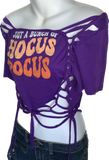Bunch of Hocus Pocus Halloween witch inspired overly shredded slit weave backless t shirt