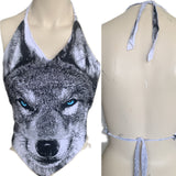 Icy blue eyed backless wolf shredded handkerchief style halter top XS S