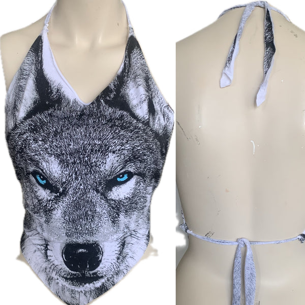 Icy blue eyed backless wolf shredded handkerchief style halter top XS S