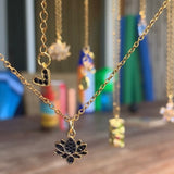 Stainless Steel gold plated tiny lotus REBIRTH black cz FLOWER Necklace